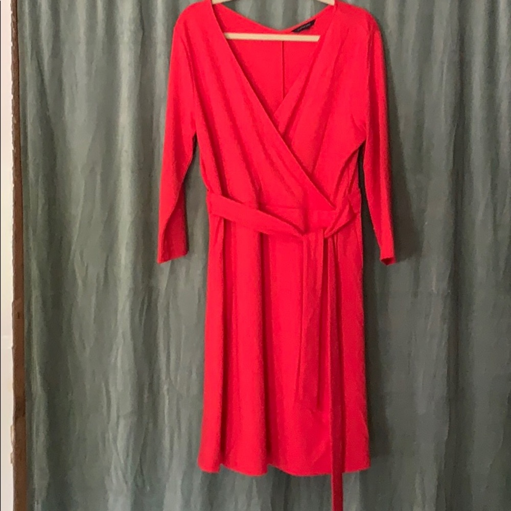 Lands’ End coral wrap dress 14/16 with tie waist